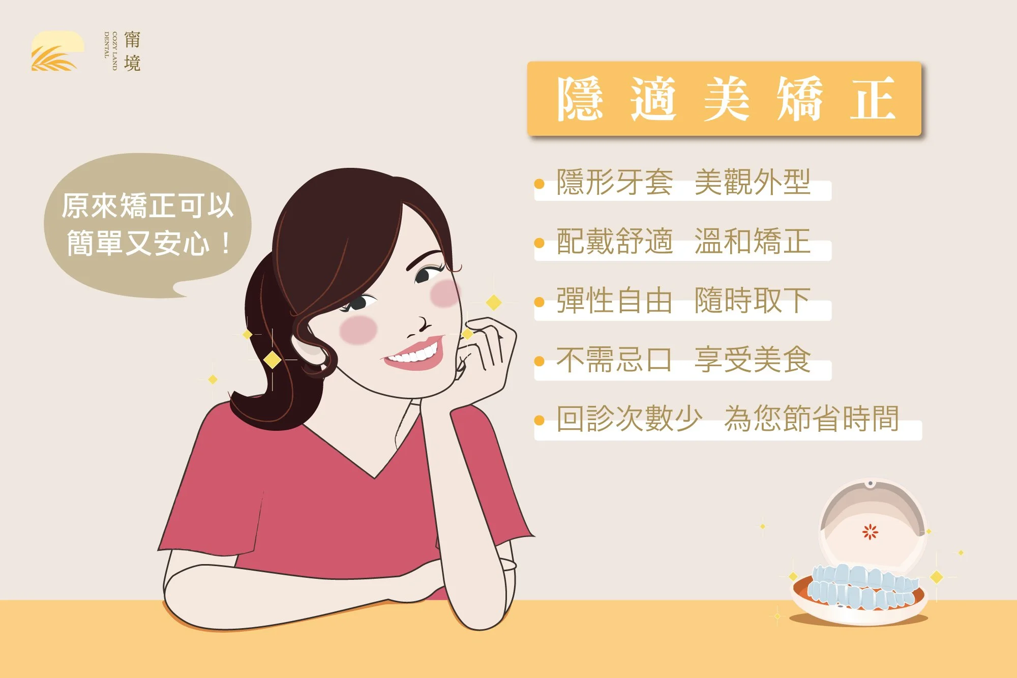 隱適美矯正 5 大優點說明圖｜隱形外觀、可拆卸、疼痛感低、飲食自由