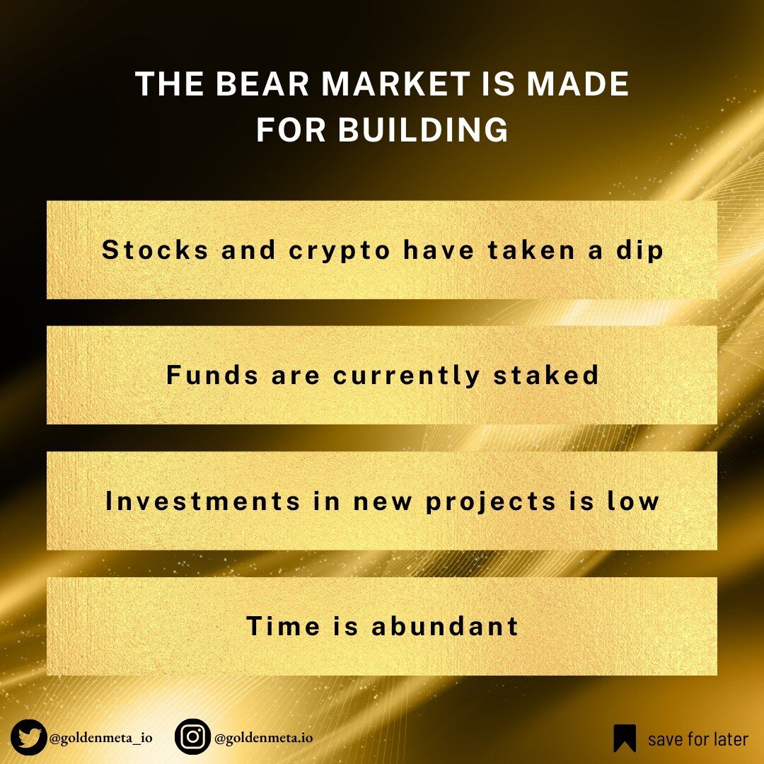 Do you realize that the Bear Market is made for Building?

According to doc Peace, here&rsquo;s why: 
✨Stocks and crypto have taken a dip
✨Funds are currently staked
✨Investments in new projects is low
✨Time is abundant

Some of @metadocpeace friends