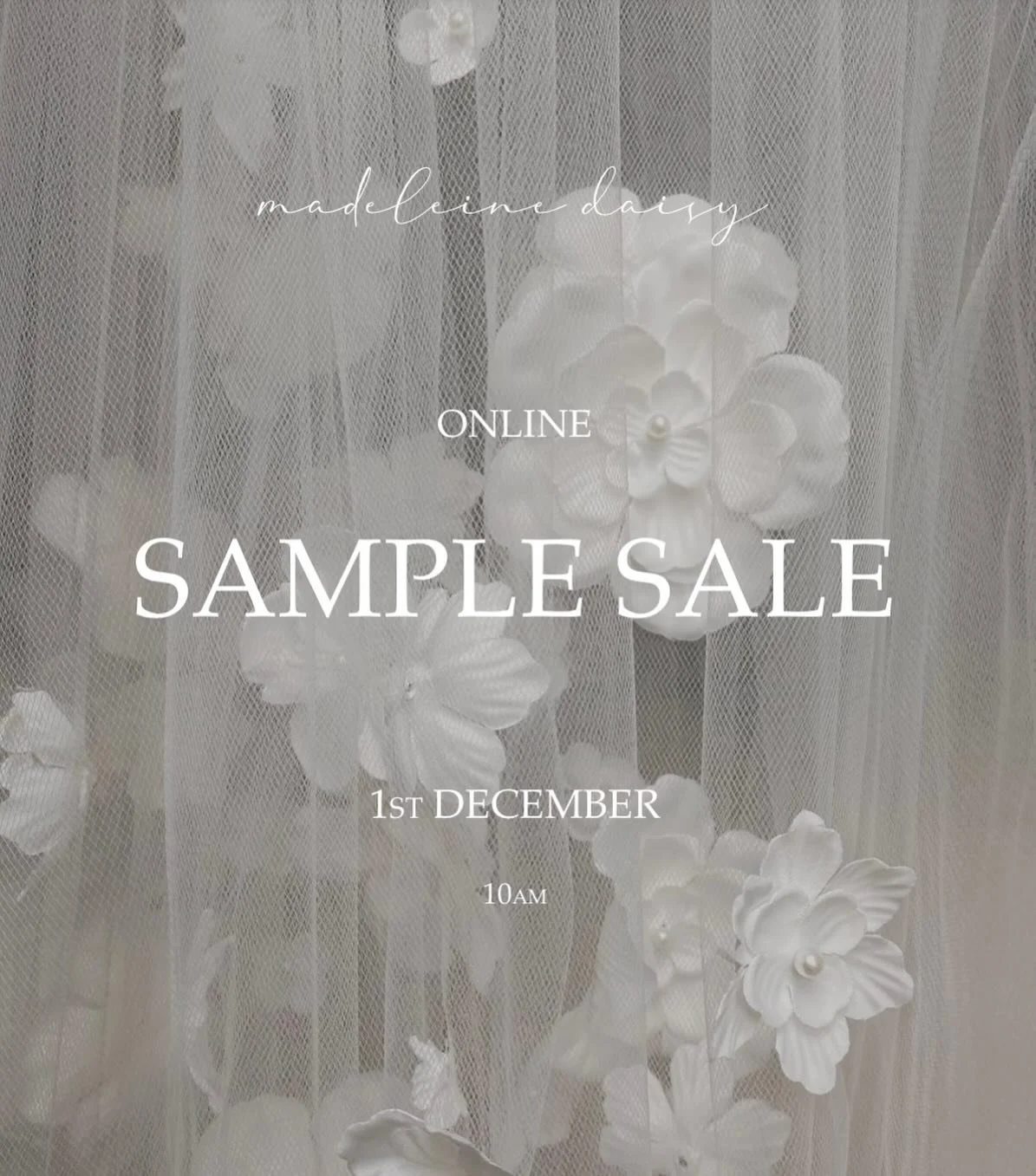 ✨SAMPLE SALE✨

For the first time ever, I&rsquo;m releasing a limited collection of veil samples online - available from 10am on December 1st for one week only.

Each veil is one of a kind, and once it&rsquo;s gone it&rsquo;s gone forever.
If you&rsq