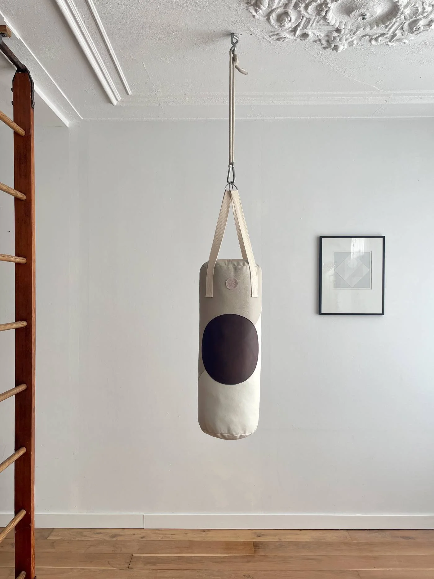 Boxsack aus Leder JUNIOR - Taupe hell & Off-White mit Punkt