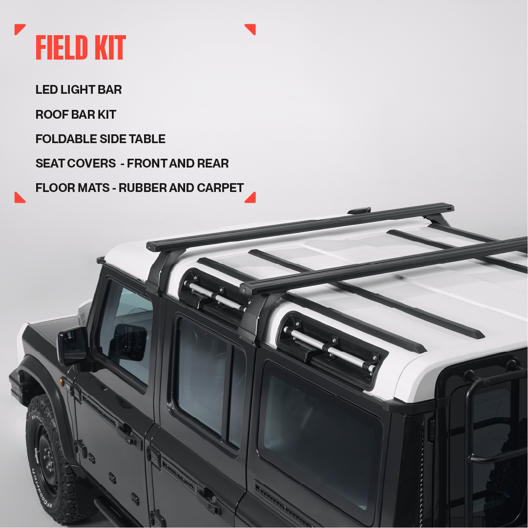 INEOS Grenadier Field Kit: LED light bar, roof bar kit, foldable side table, front and rear seat covers, rubber and carpet floor mats