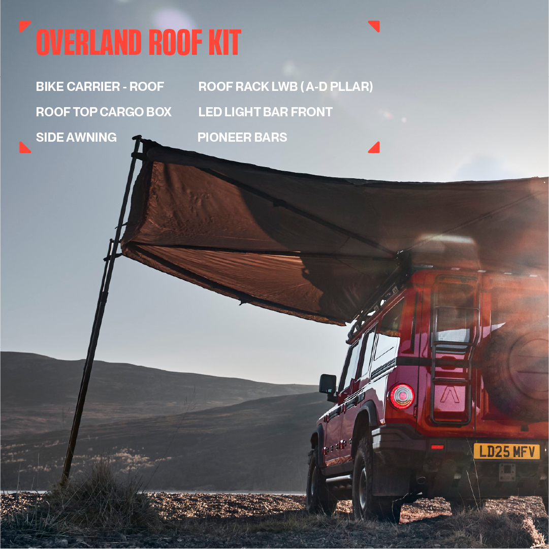 INEOS Grenadier Overland Roof Kit: roof bike carrier, roof top cargo box, side awning, long-wheelbase roof rack, front LED light bar, pioneer bars