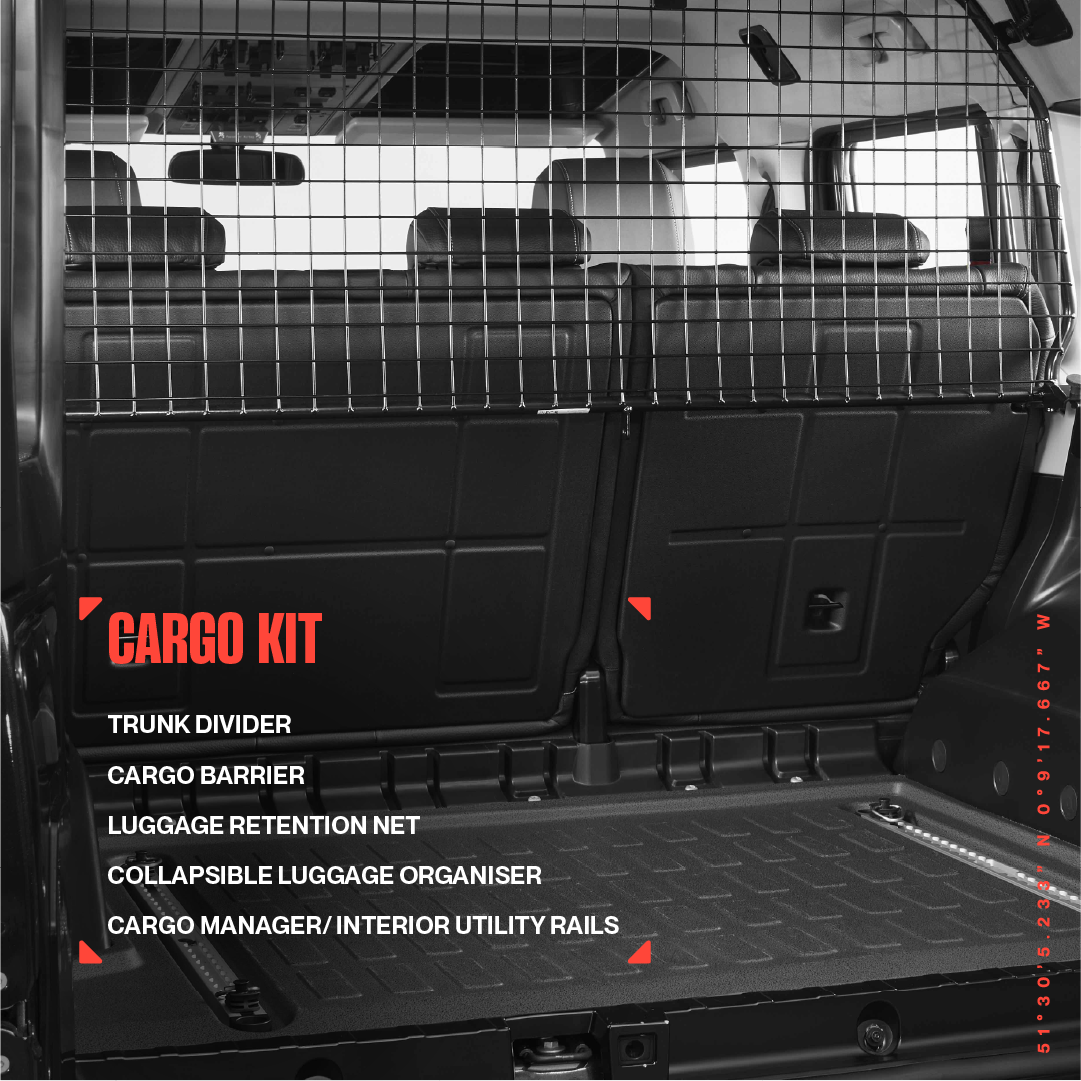 INEOS Grenadier Cargo Kit: trunk divider, cargo barrier, luggage retention net, collapsible luggage organiser, cargo manager interior utility rails