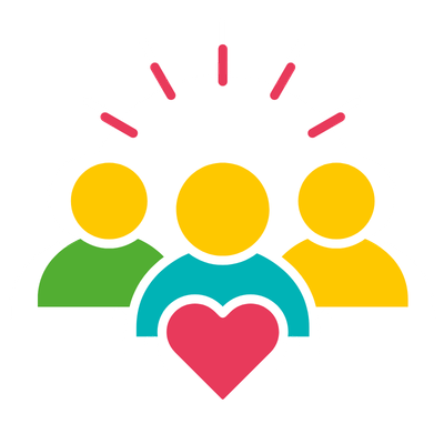 a colourful illustration of 3 people standing together around a read love heart.
