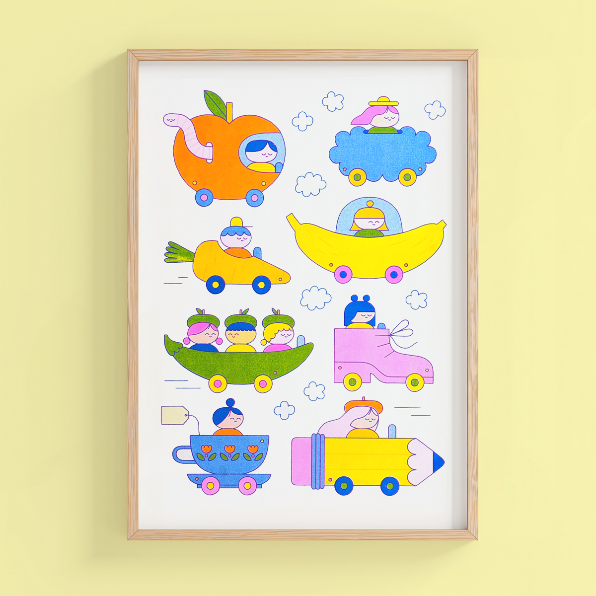 risograph print of silly cars (A3 42 x 29 cm)