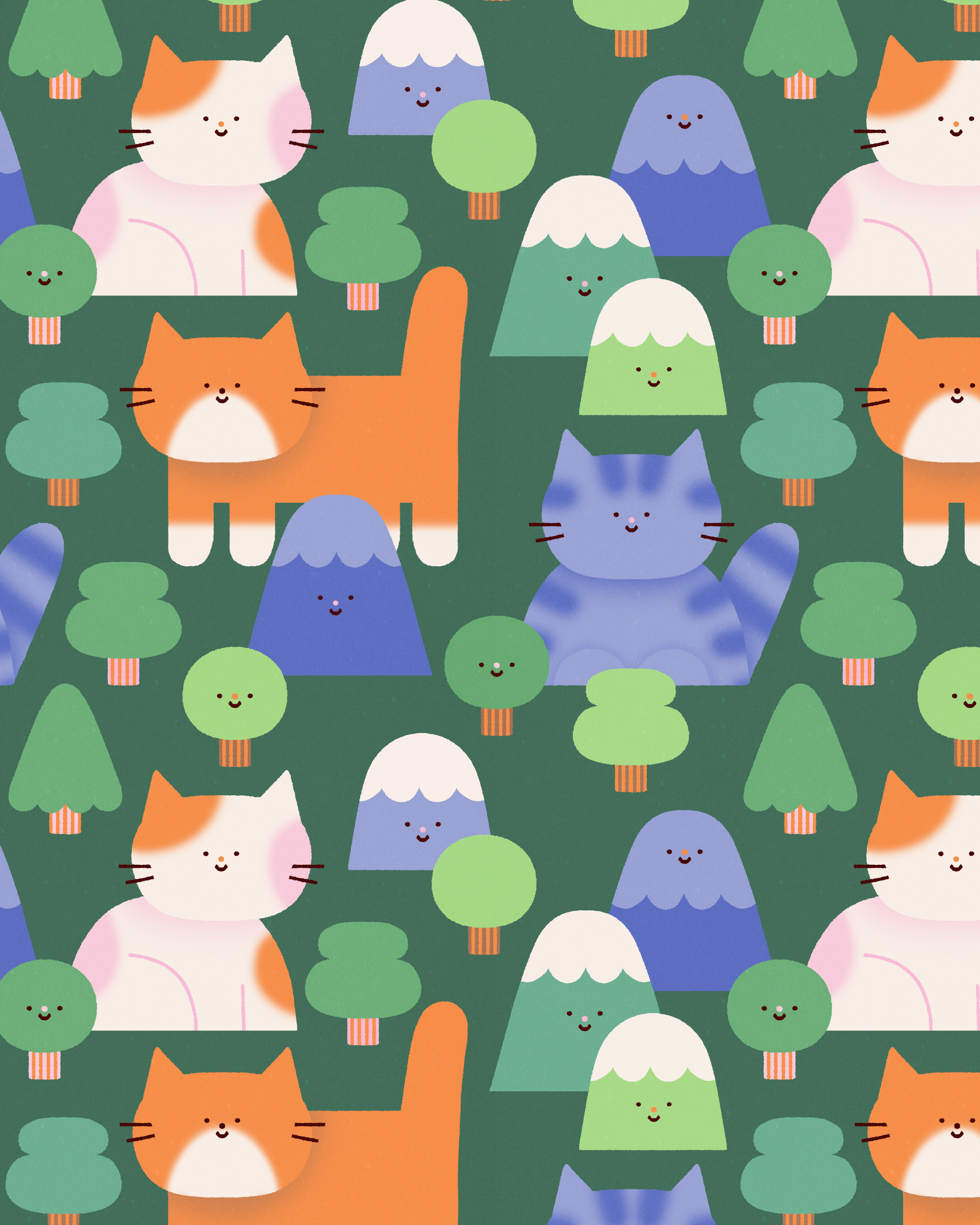 A seamless pattern of cute, cartoon-style cats, mountains, and trees with smiling faces on a dark green background.