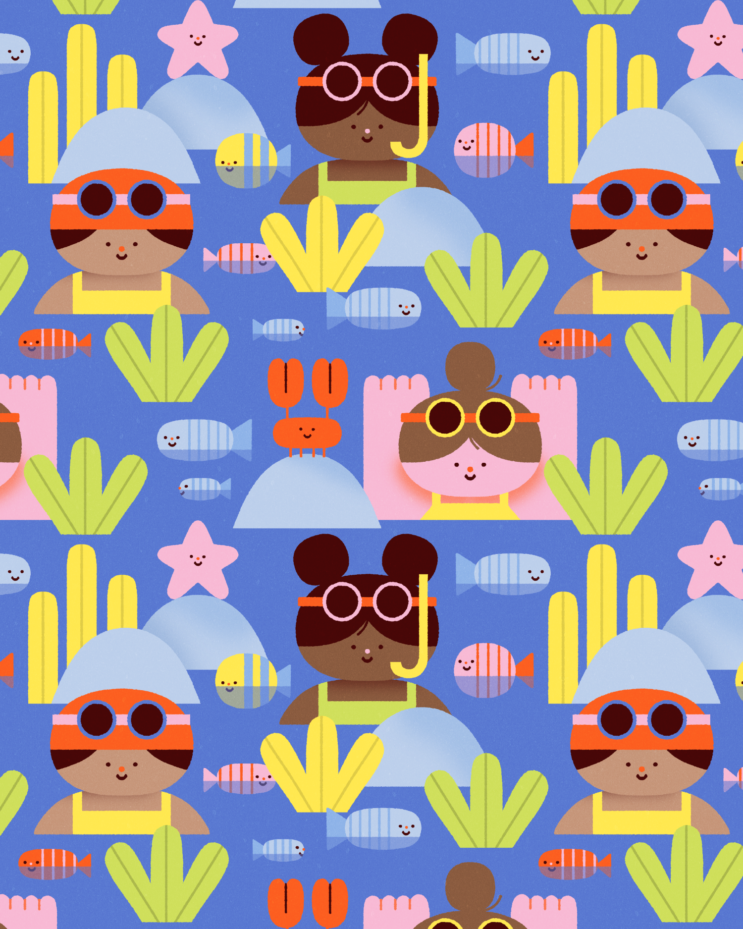 A colorful seamless pattern of cartoon girls wearing swimsuits and swimming goggles, surrounded by fish, starfish, coral, and underwater rocks, set against a blue background.