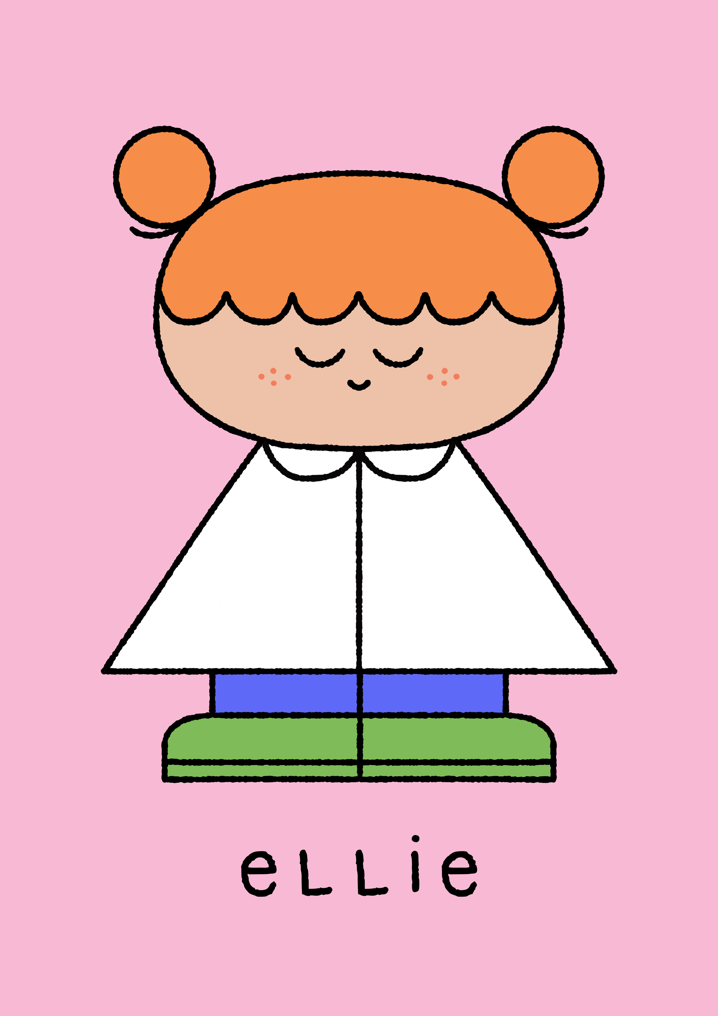Cartoon character with orange hair in buns and closed eyes, wearing a white outfit, standing on a green platform against a pink background. Text reads "ELLIE."