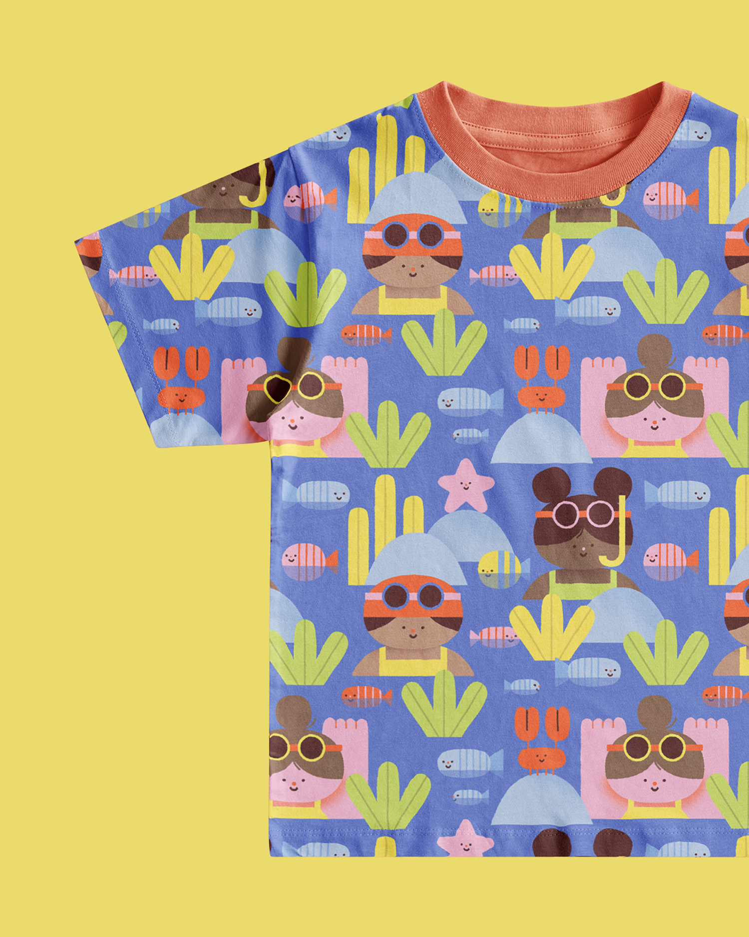Colorful children's T-shirt with a seaside theme, featuring illustrations of girls with sunglasses, fish, starfish, seaweed, and rocks on a blue background.