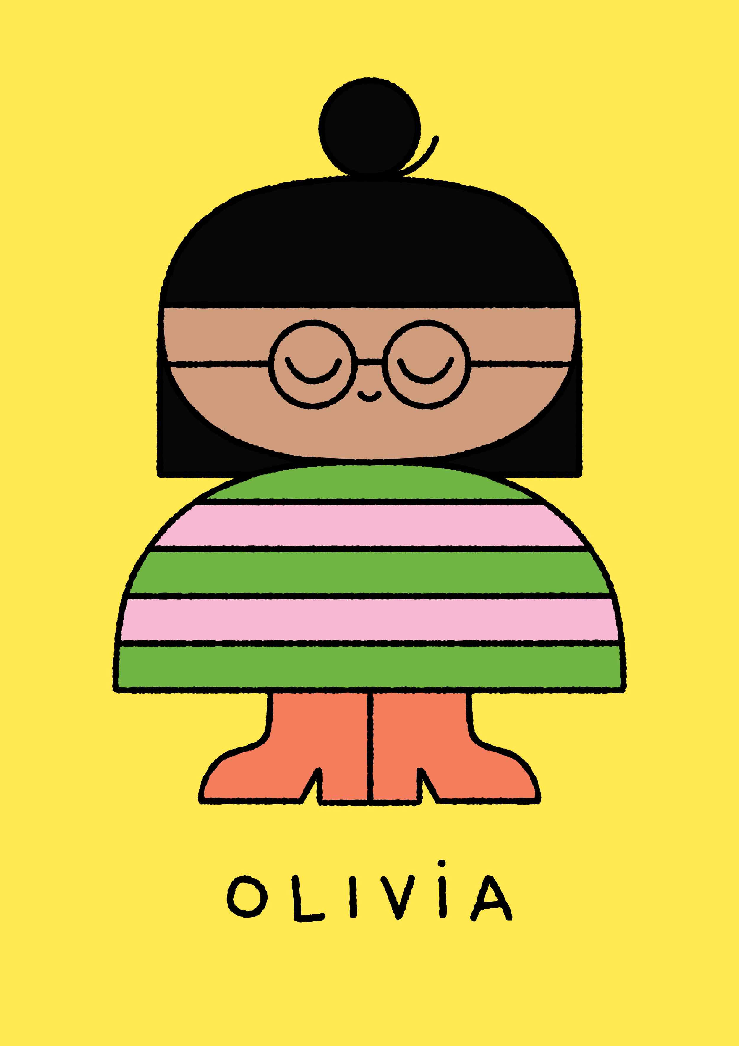 Illustration of a smiling character with glasses, wearing a striped shirt and standing on a yellow background.