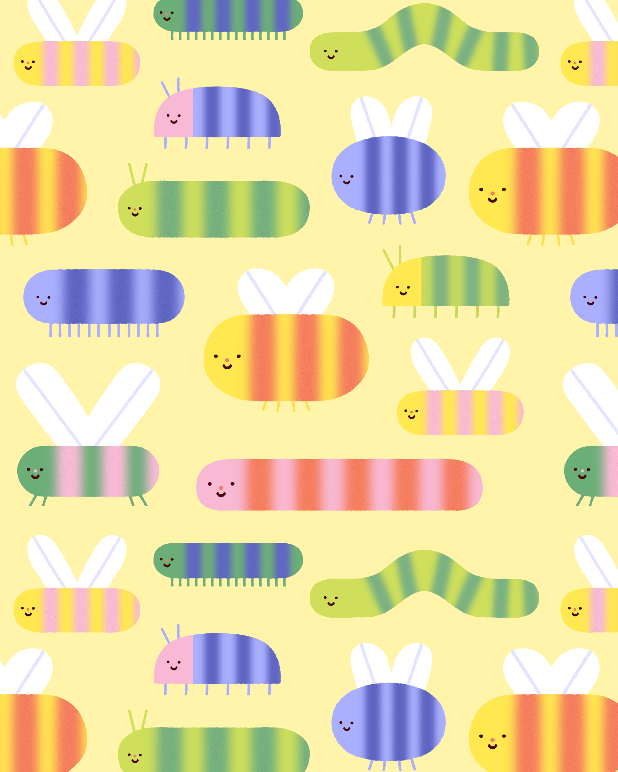 Pattern of colorful cartoon bugs on a light yellow background. The bugs are in various colors, including green, pink, blue, and yellow, with smiling faces and simple features. The bugs are designed in a playful, stylized manner with rounded bodies an
