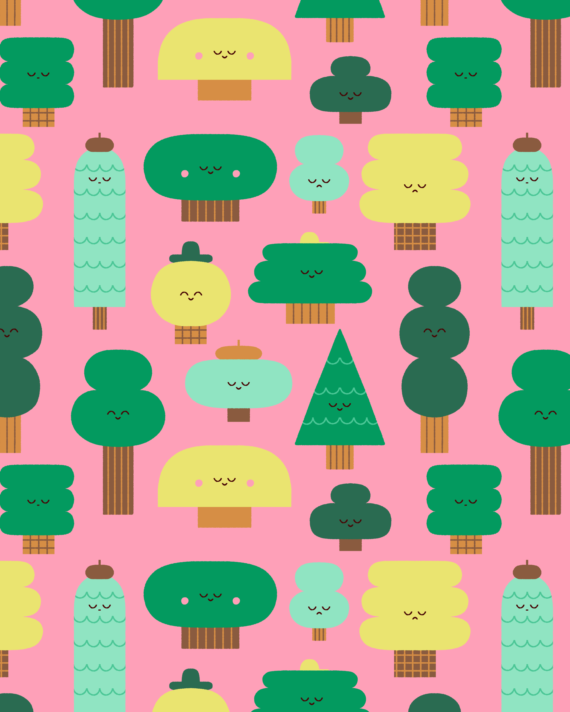 Pattern of smiling cartoon trees and bushes with pink background.