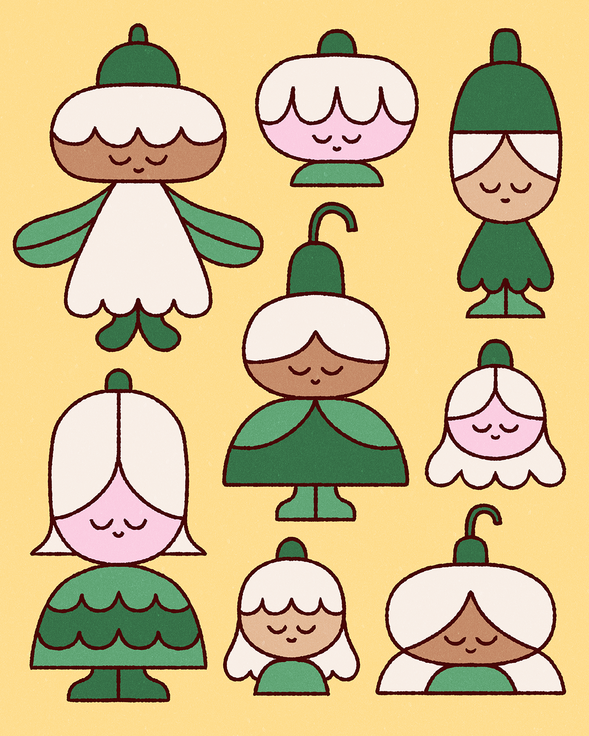 Pattern of cute, cartoonish fairy or elf characters with white hair, green clothing, and closed eyes, set against a yellow background.