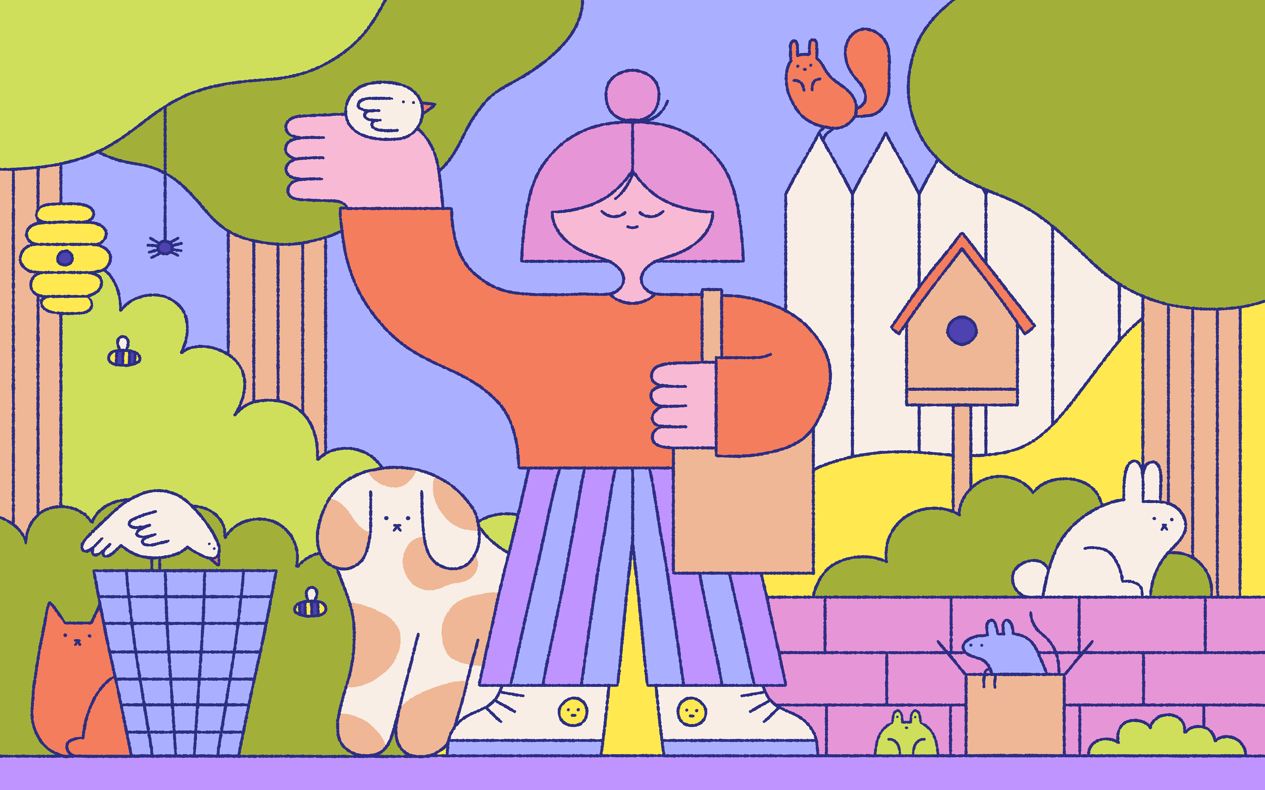 A colorful illustration of a girl with pink hair and purple striped pants standing in a garden. She is smiling with closed eyes and holding a small pink flower. The garden includes various animals like a white bird, a brown and white dog, and a gray mouse. There are also trees, a birdhouse, a bee, and other plant elements, all depicted in a simple, whimsical style.
