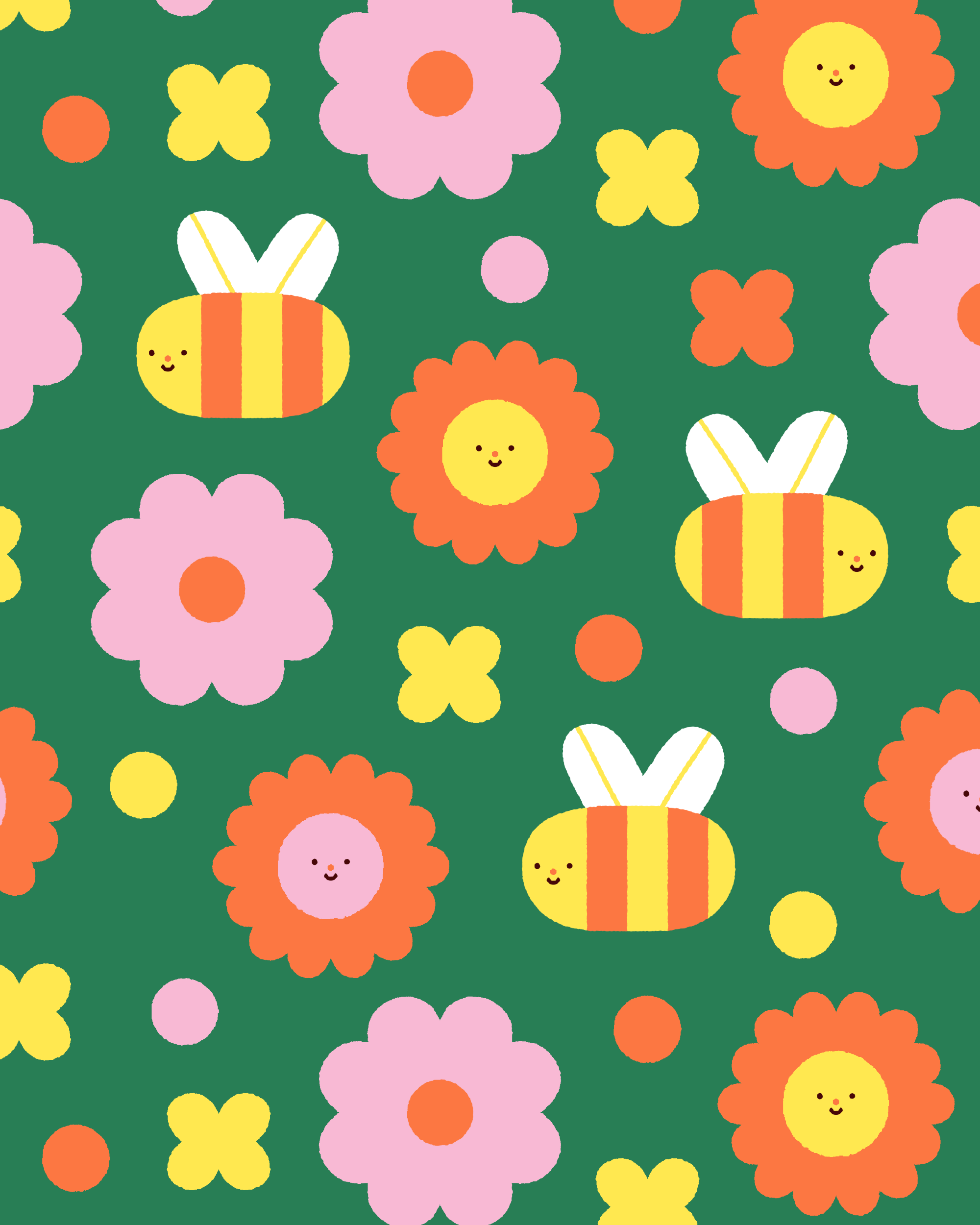Pattern of smiling cartoon flowers and bees on a green background.