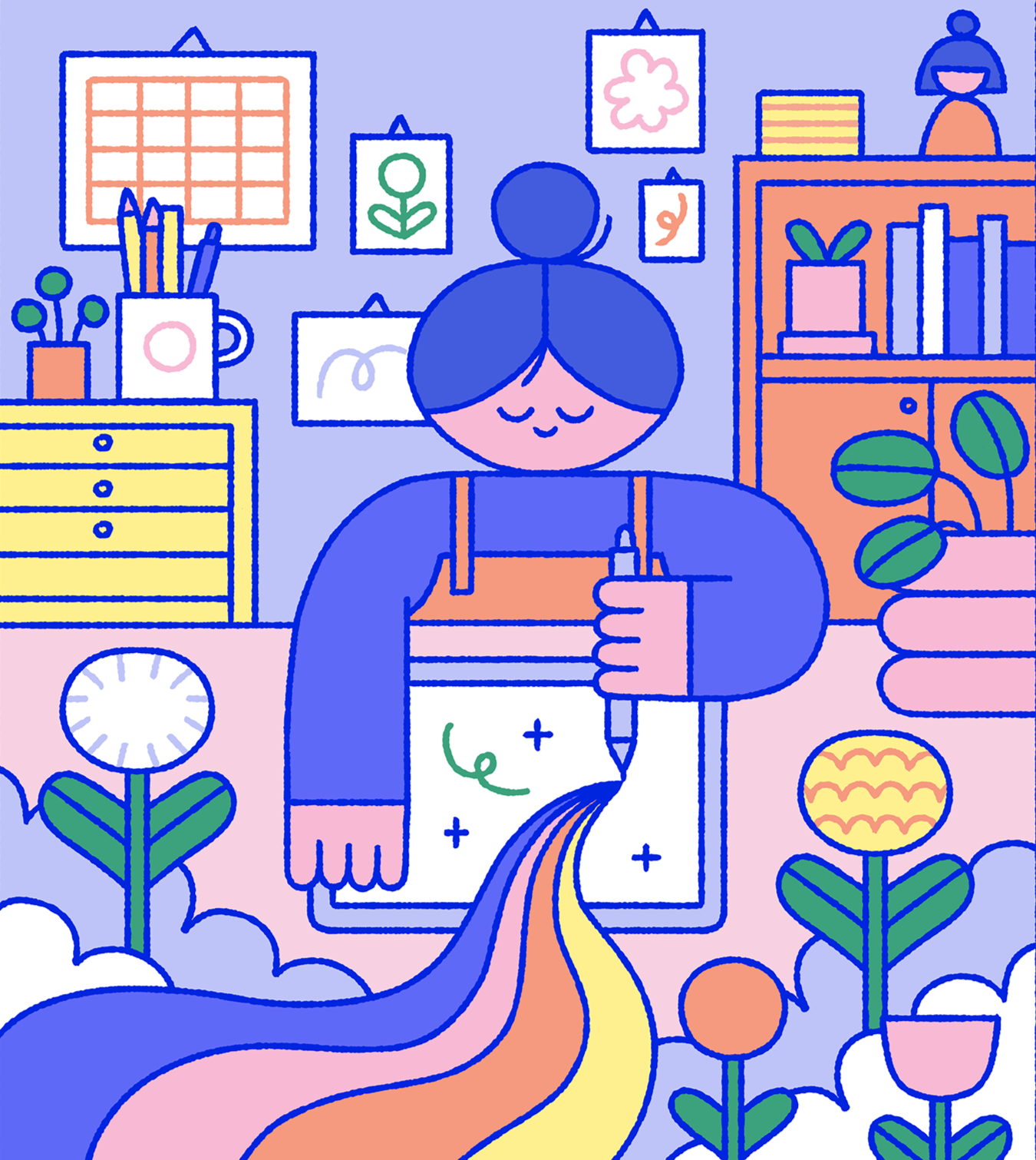 An illustration of a person with a bun hairstyle holding a paintbrush and creating a rainbow on a canvas. The background features framed artwork, plants, and a clock, with vibrant colors and a whimsical style.