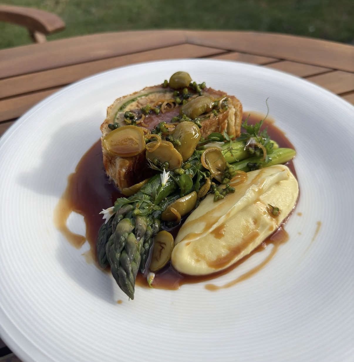 Lamb Wellington with Garlic Caper Sauce, Asparagus &amp; Mash.
