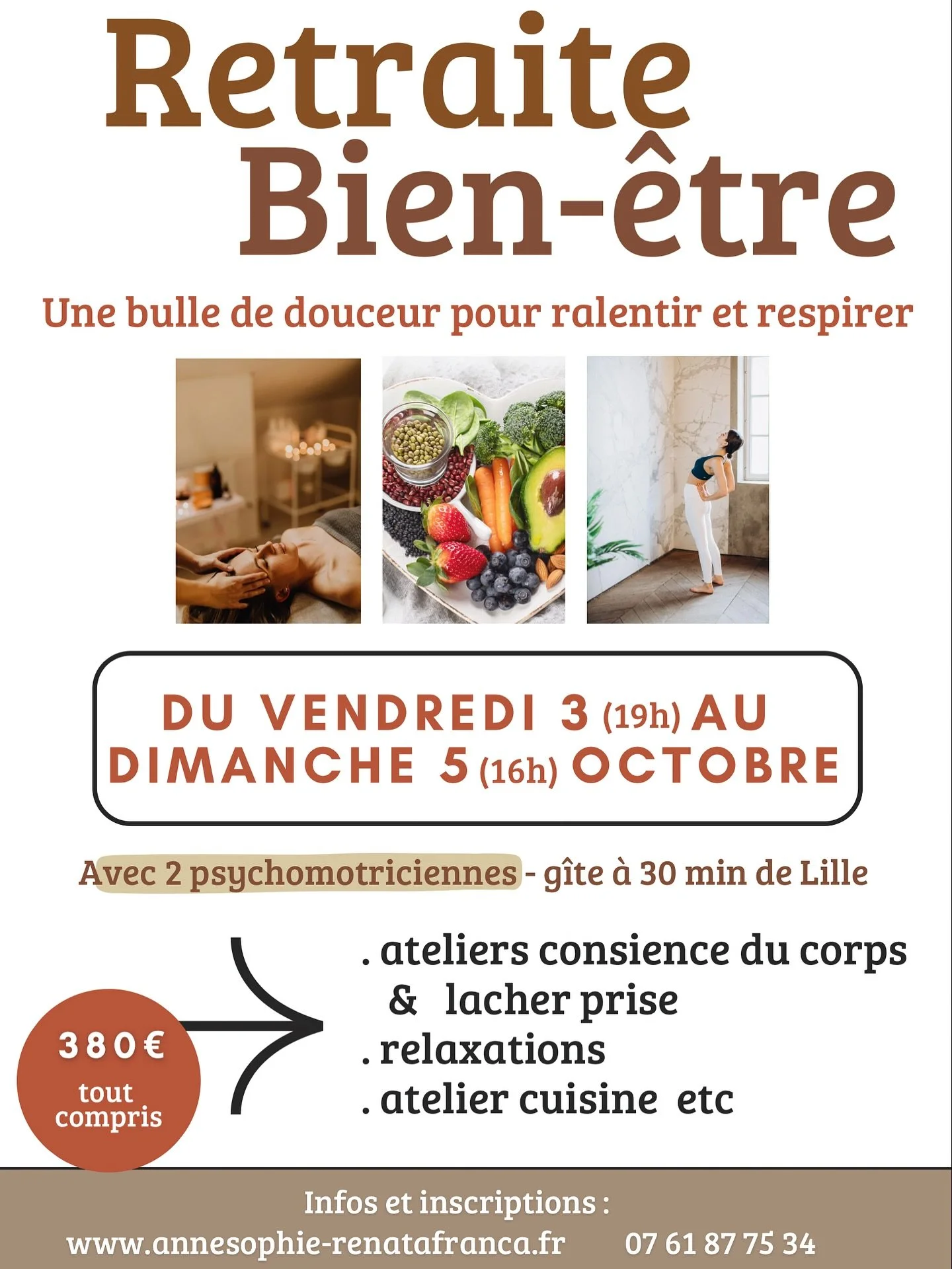DERNI&Egrave;RES PLACES pour cette retraite bien-&ecirc;tre &agrave; 30 minutes de Lille!

Probablement votre signe pour prendre du temps pour vous. 

Avec 2 psychomotriciennes sp&eacute;cialistes du lien entre corps, &eacute;motions et esprit, vous 