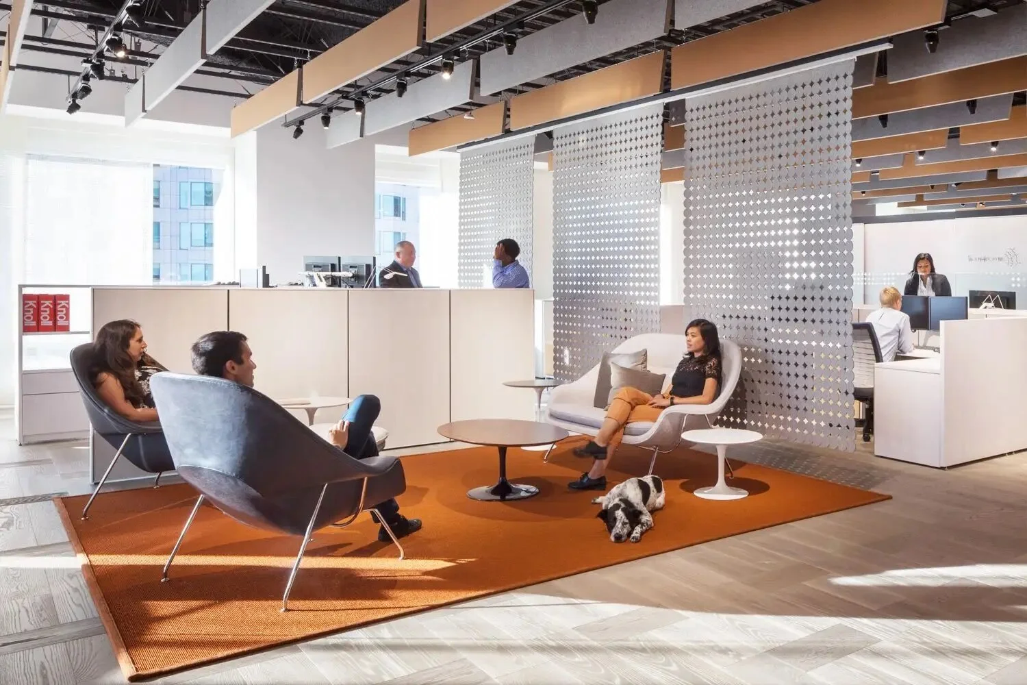 People sitting in Knoll womb chairs with people working Knoll Dividends workstations behind them. There are Filzfelt panels hanging from the ceiling dividing the space.