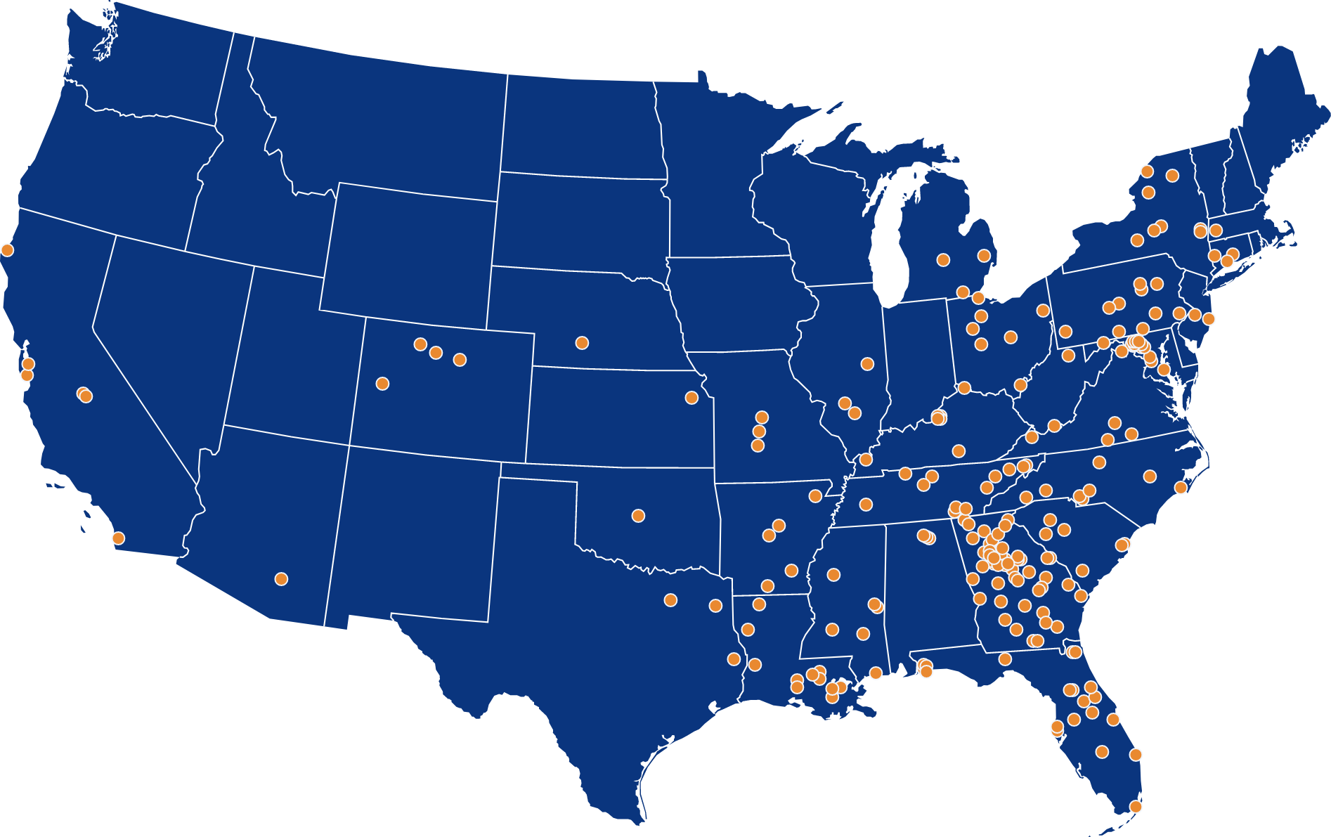 USA map with dots indicating PRIDE clients. Lot of states are represented. The highest concentration is in the South East, followed by the North East