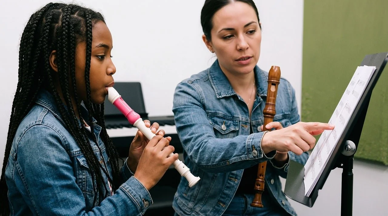 Teacher and student playing the recorder