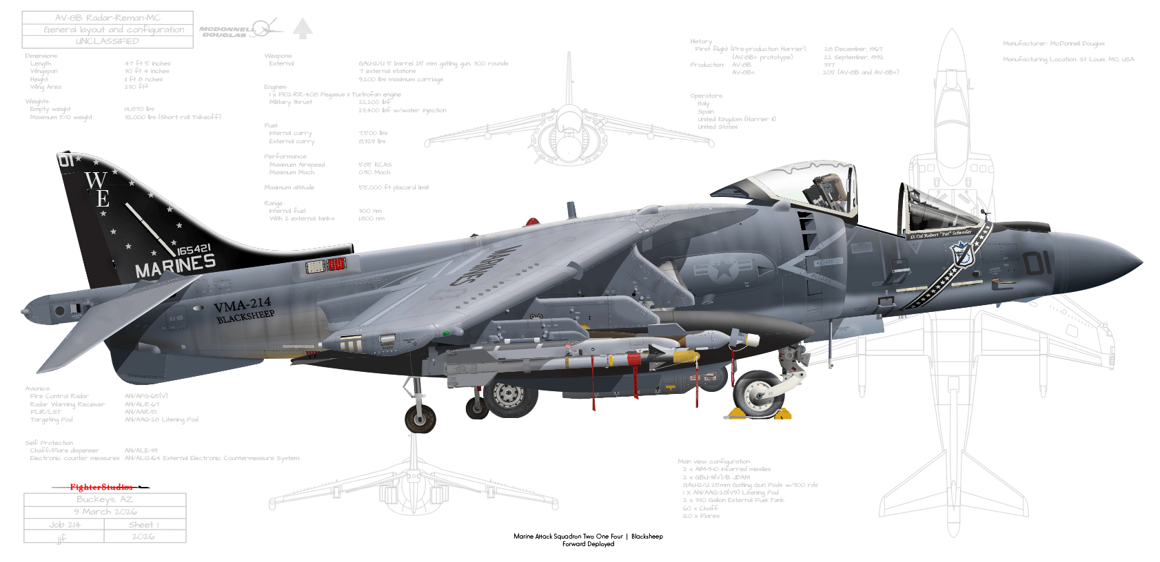 AV-8B+ Harrier II, VMA 214 "Black Sheep," MAG 13, MAW 3 Fine Art Aircraft Profile printle Prints