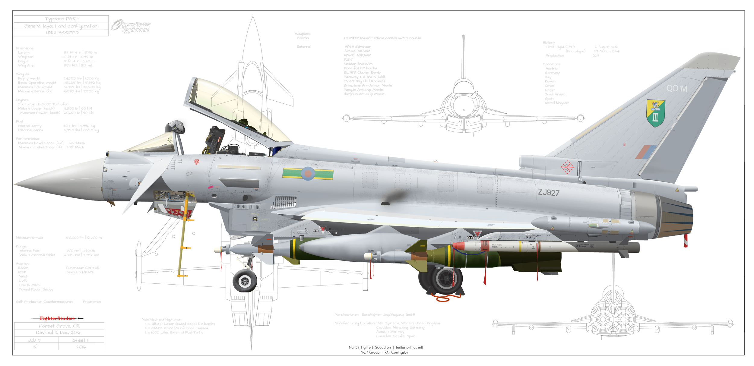 No. 3(F) Sqn Typhoon FGR4 Fine Art Aviation Profile Prints — Fighter ...