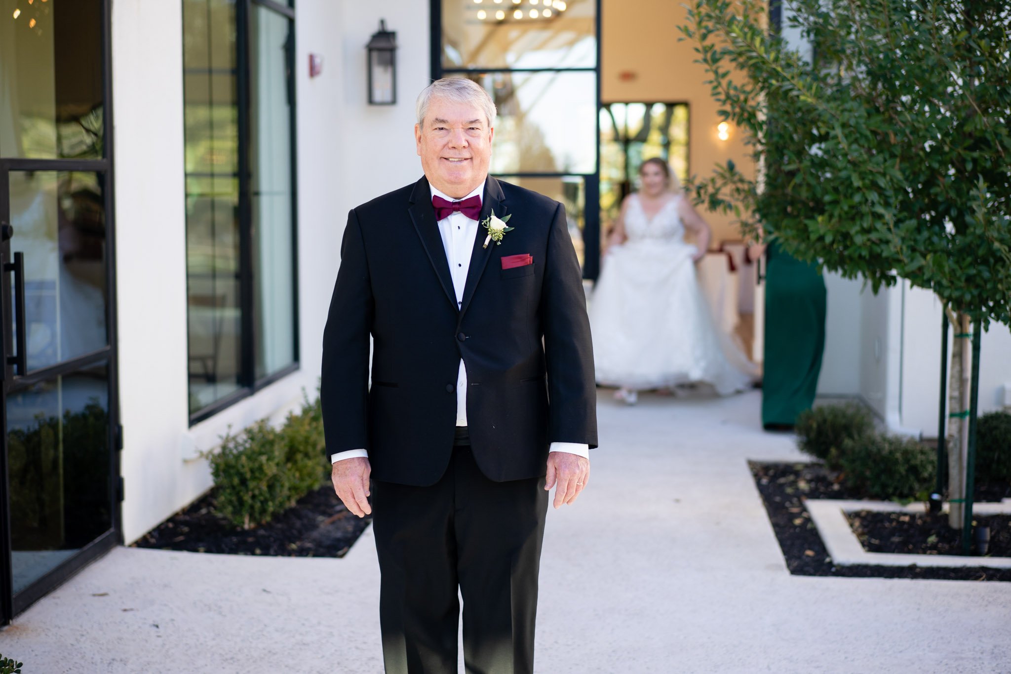 Father of the bride in a tux waiting for the bride to arrive at The Arlo Austin TX The Amber Studio