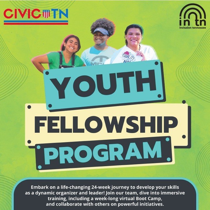 inclusion tennessee is recruiting a part-time emerging young leader for our Youth Fellowship Program with Civic Tennessee. 

Launching June 2024, the 24-week fellowship program is for young people (18+) in Tennessee who are looking to develop their c