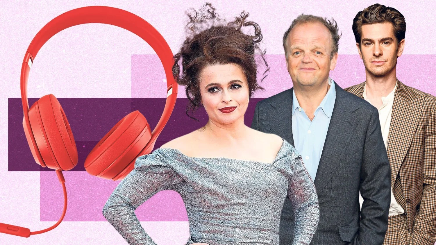 Three people standing together with a large red pair of headphones in the background on a pink and purple geometric background.