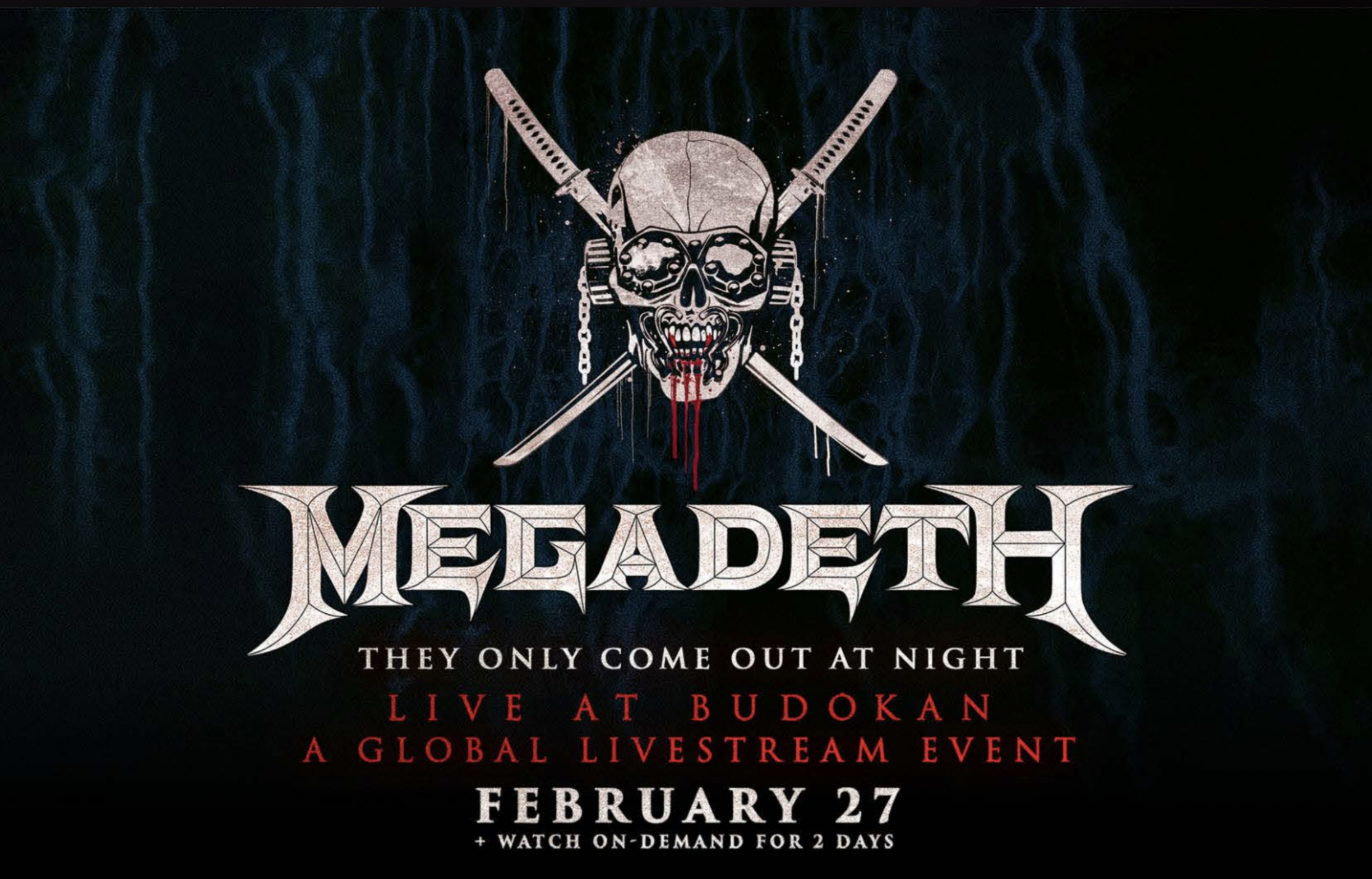 Promotional poster for Metallica's concert, featuring a skull with chains, swords, and glasses, with blood dripping from the mouth, and the event date February 27.
