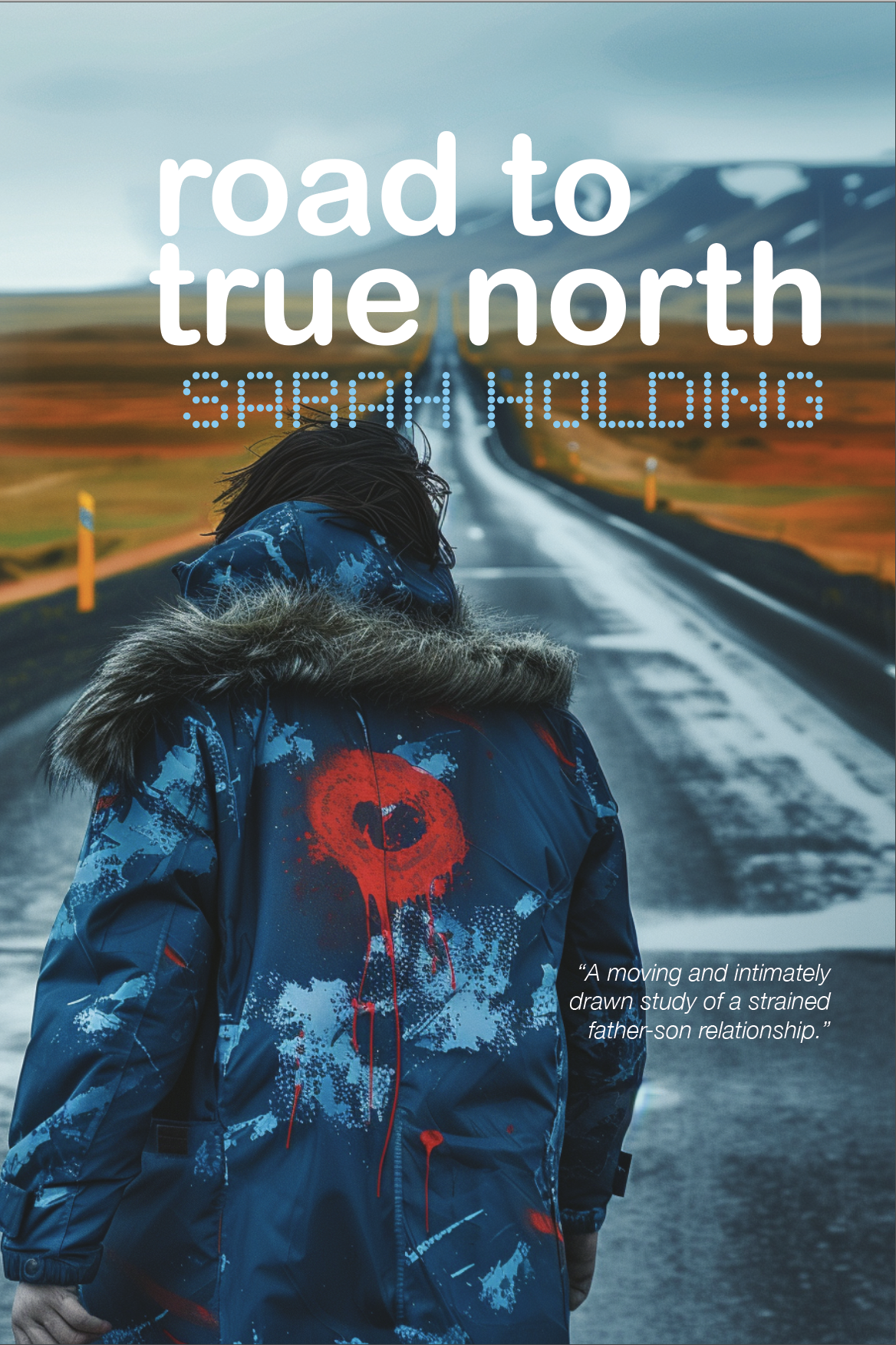 Book cover that shows a person with a backpack facing away from the camera, standing on a long road in a desolate landscape