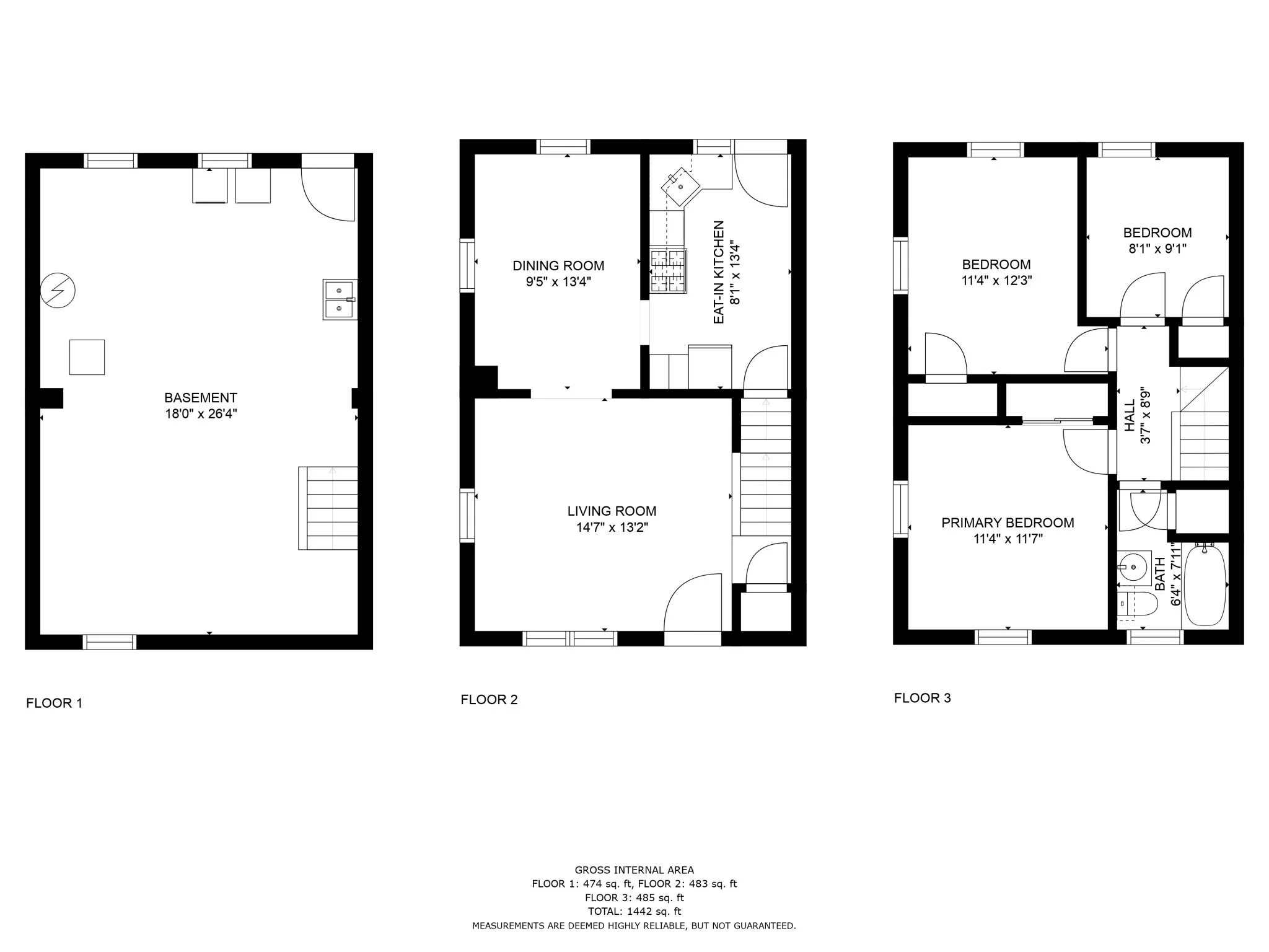 Floor plan of a three-story house, showing basement, second, and third floors with room dimensions and layout.