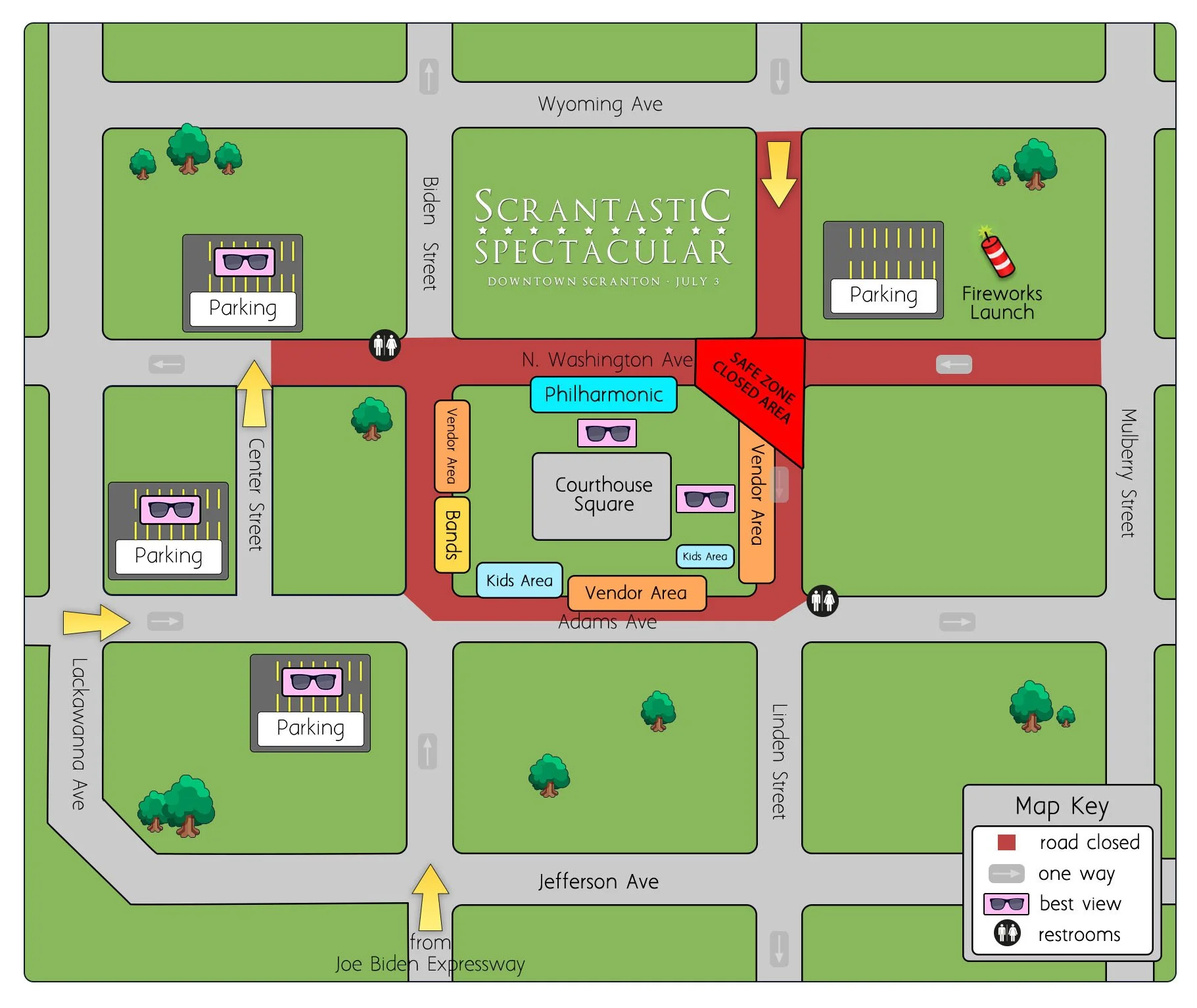 Map of Downtown Scranton for Scrantastic Spectacular event on July 3, showing parking areas, road closures marked in red, designated areas for fireworks launch, restrooms, kids activities, vendor areas, and best viewing spots with sunglasses symbols. Streets include Wyoming Ave, Bladen Street, Center Street, Adams Ave, Jefferson Ave, Lindbergh Street, Mulberry Street, and Joe Biden Expressway.