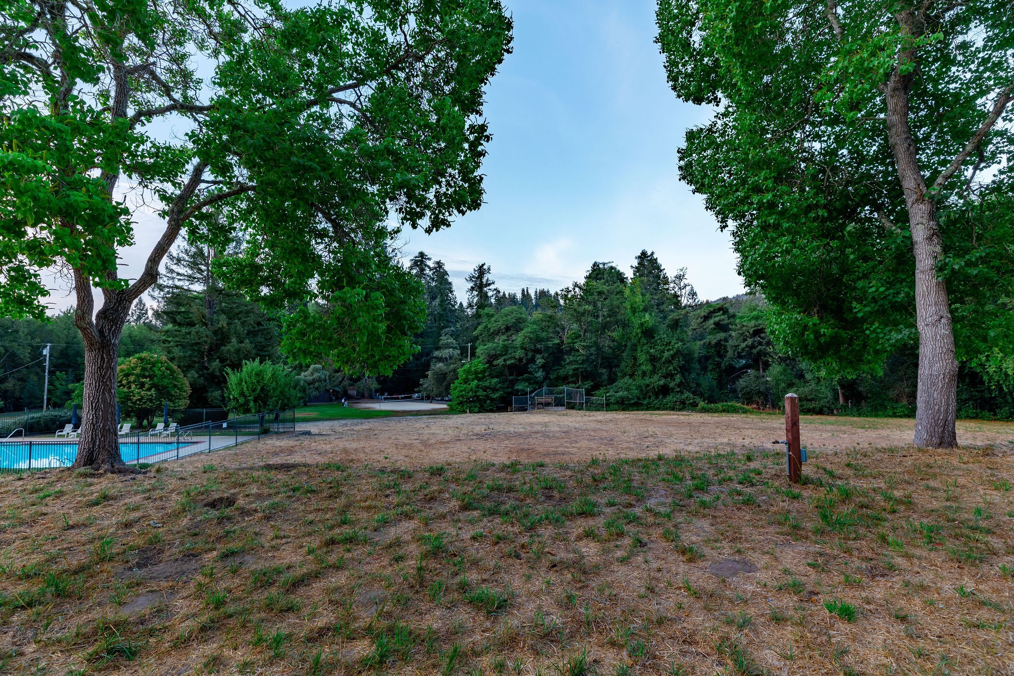 Large lawn area at Daybreak with the pool area and volleyball court in the back.