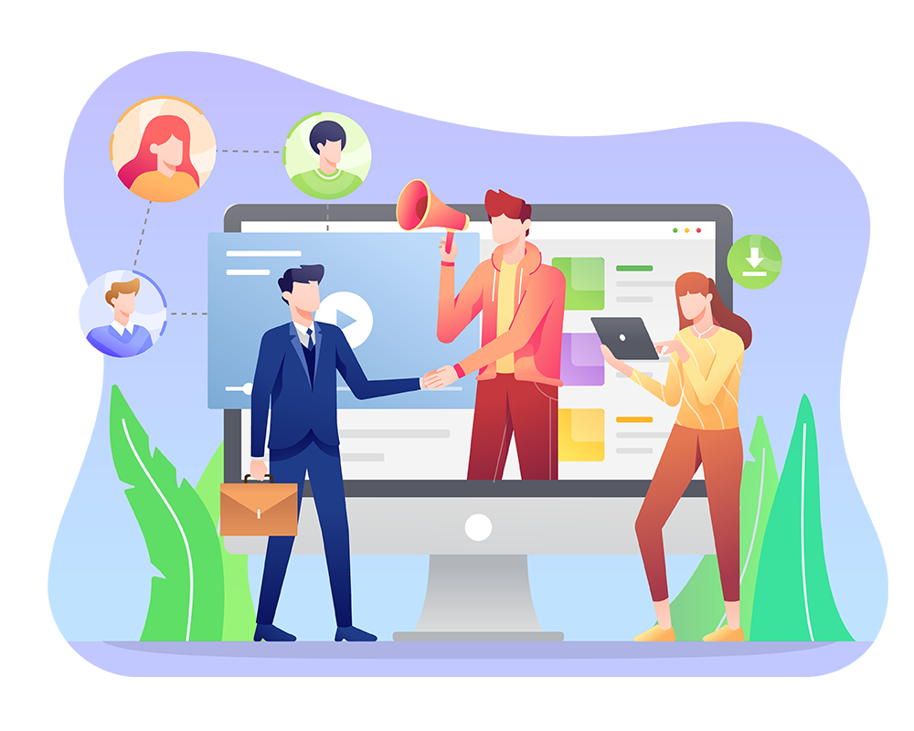 Illustration of a virtual meeting with two men shaking hands and a woman taking notes, with digital icons and profile pictures floating around a large computer screen.