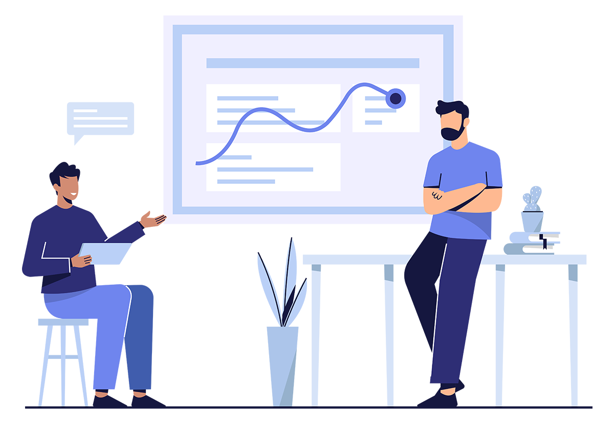 Two animated men in a modern office space with a large screen displaying a line graph and text. One man is sitting on a stool reading a document, and the other is standing with arms crossed, looking at the graph.