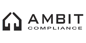 Logo for Ambit Compliance with a stylized house icon in blue and green, and the company name in black and green text.
