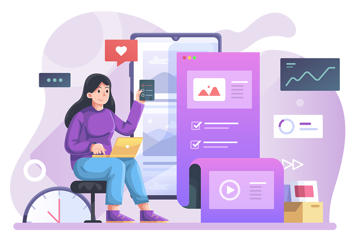 Illustration of a woman sitting with a laptop surrounded by digital interface elements, charts, and icons depicting data analysis and social media engagement.