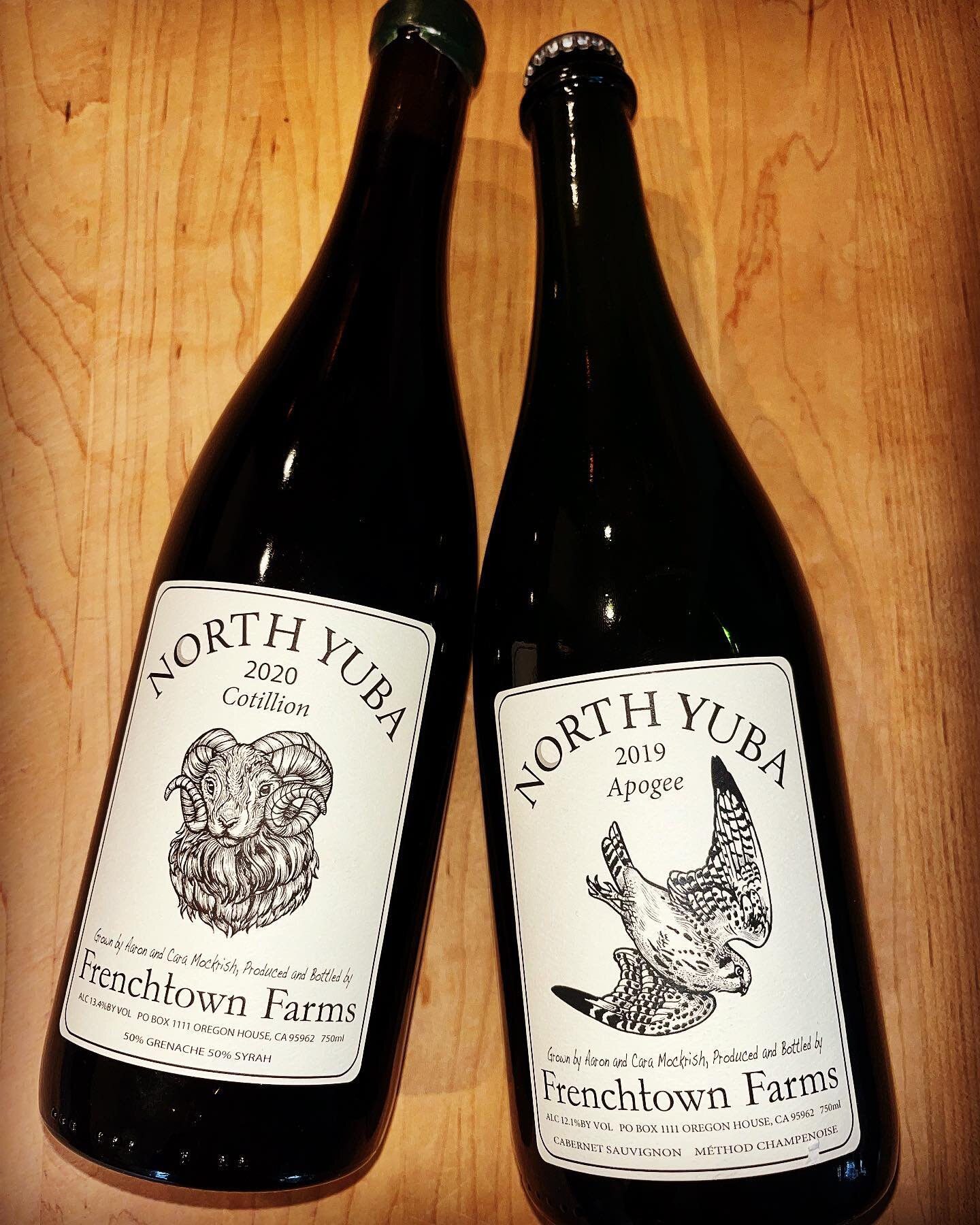 Just in from North Yuba, California new arrivals from @frenchtownfarms !! 2020 Cotillion and a brand spankin&rsquo; new m&eacute;thode champenoise sparkling - Apogee made from 100% Cabernet Sauvignon as a Blanc de Noir. Both are Bussin&rsquo; and ava