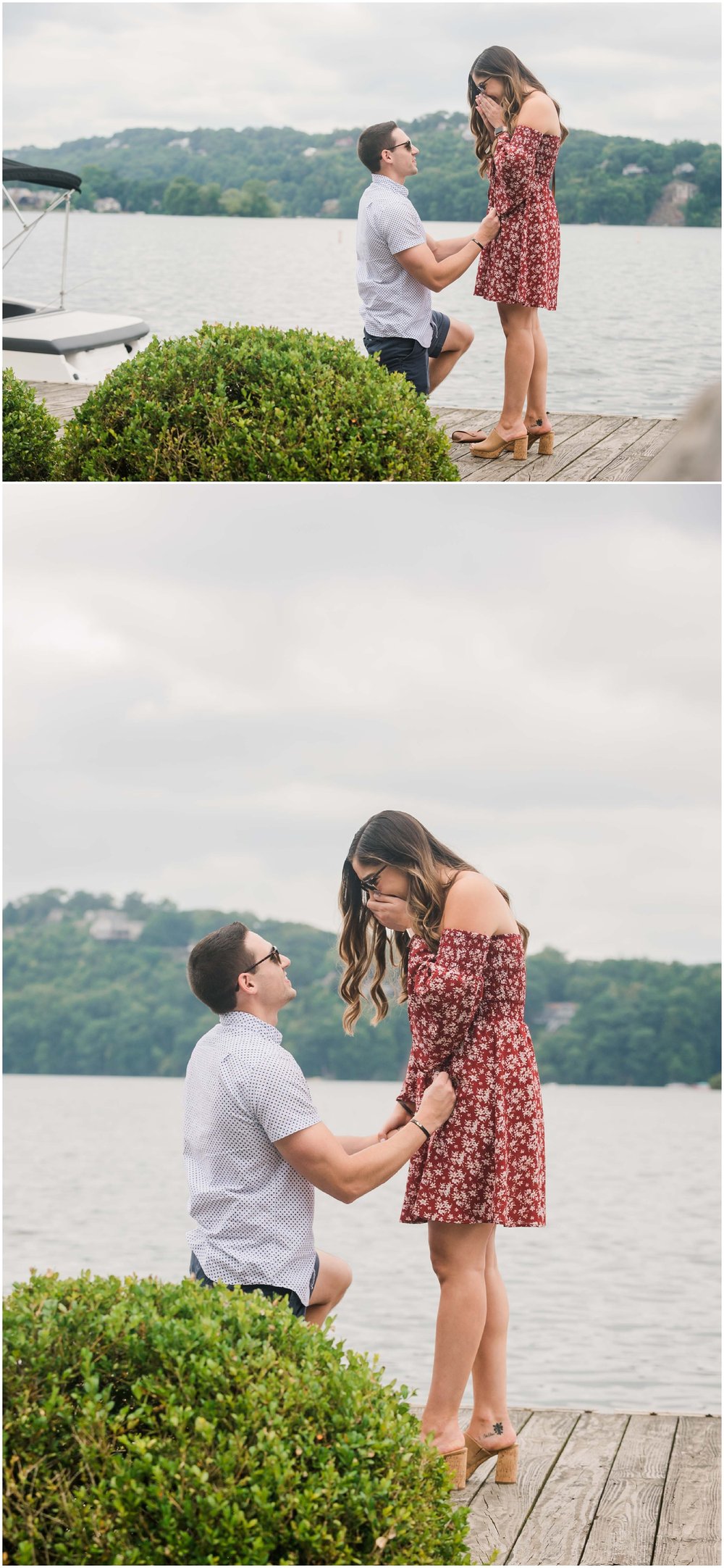 secret proposal, northern new jersey, newly engaged couple smiling and laughing, having fun on the boardwalk near the lake