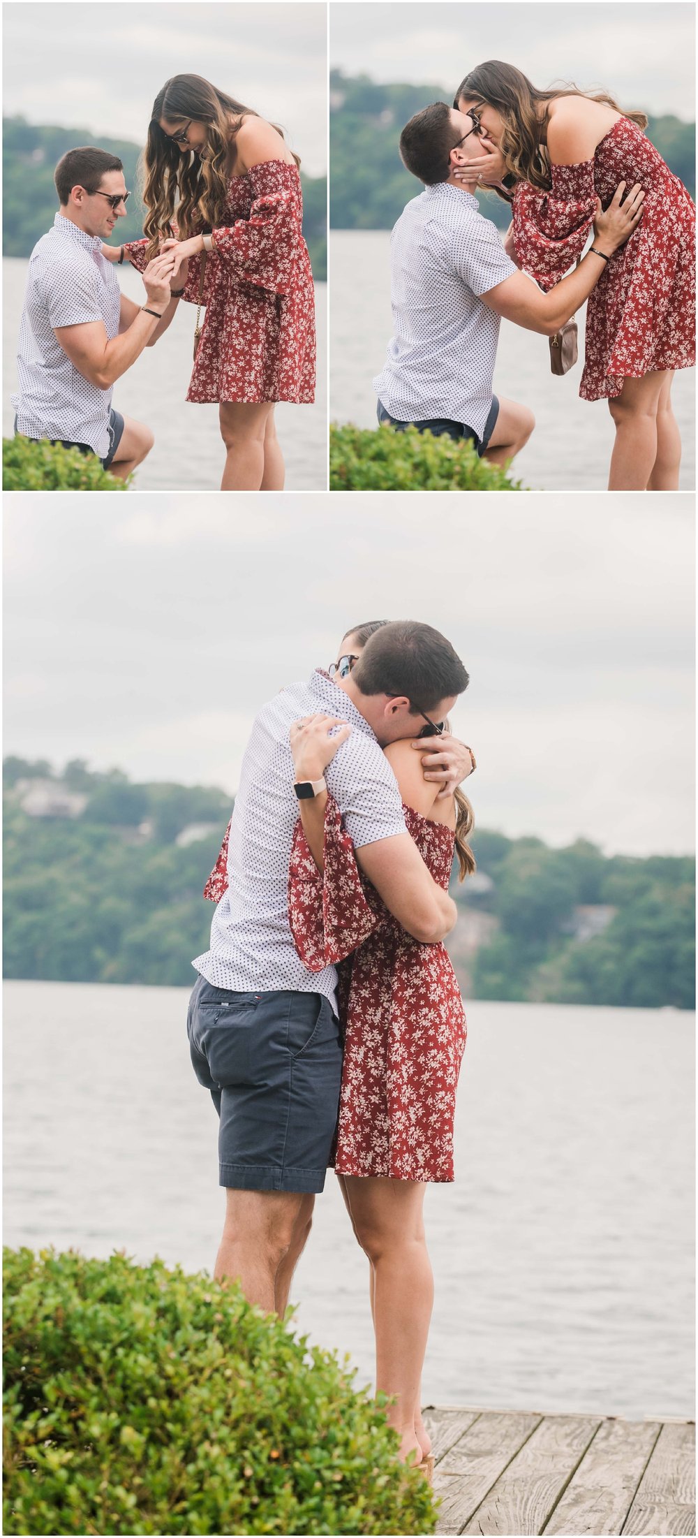 secret proposal, northern new jersey, newly engaged couple smiling and laughing, having fun on the boardwalk near the lake