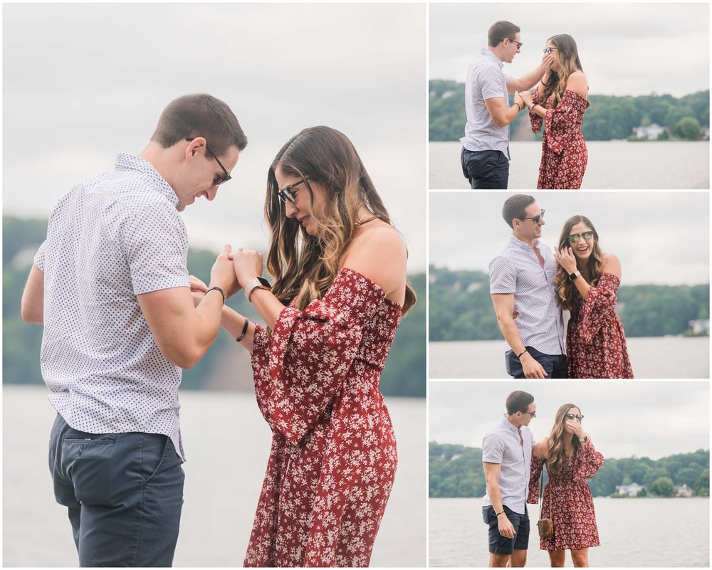 secret proposal, northern new jersey, newly engaged couple smiling and laughing, having fun on the boardwalk near the lake