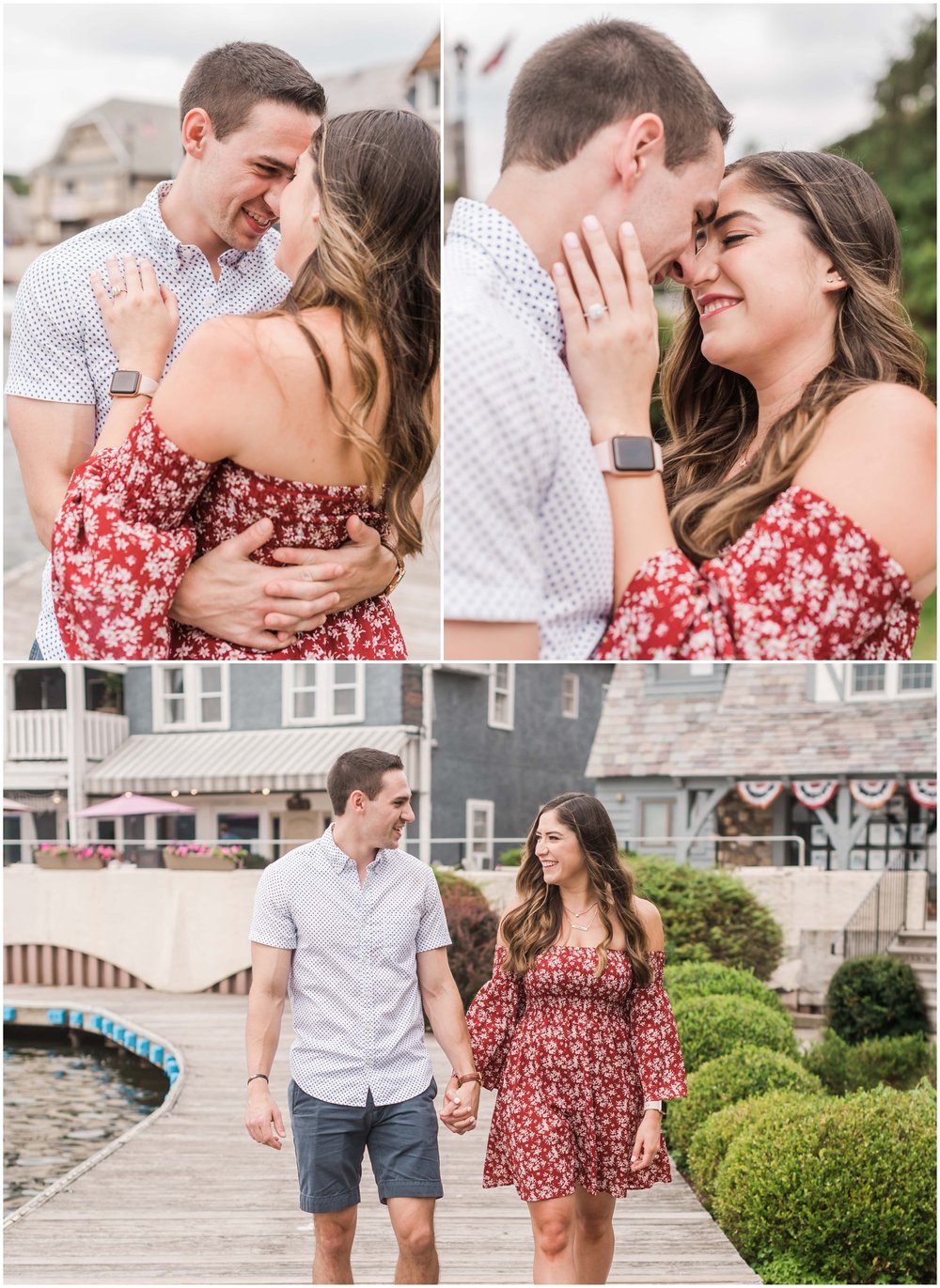 secret proposal, northern new jersey, newly engaged couple smiling and laughing, having fun on the boardwalk near the lake