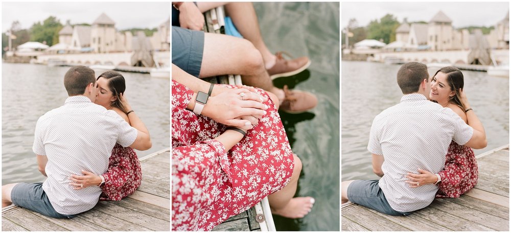 secret proposal, northern new jersey, newly engaged couple smiling and laughing, having fun on the boardwalk near the lake