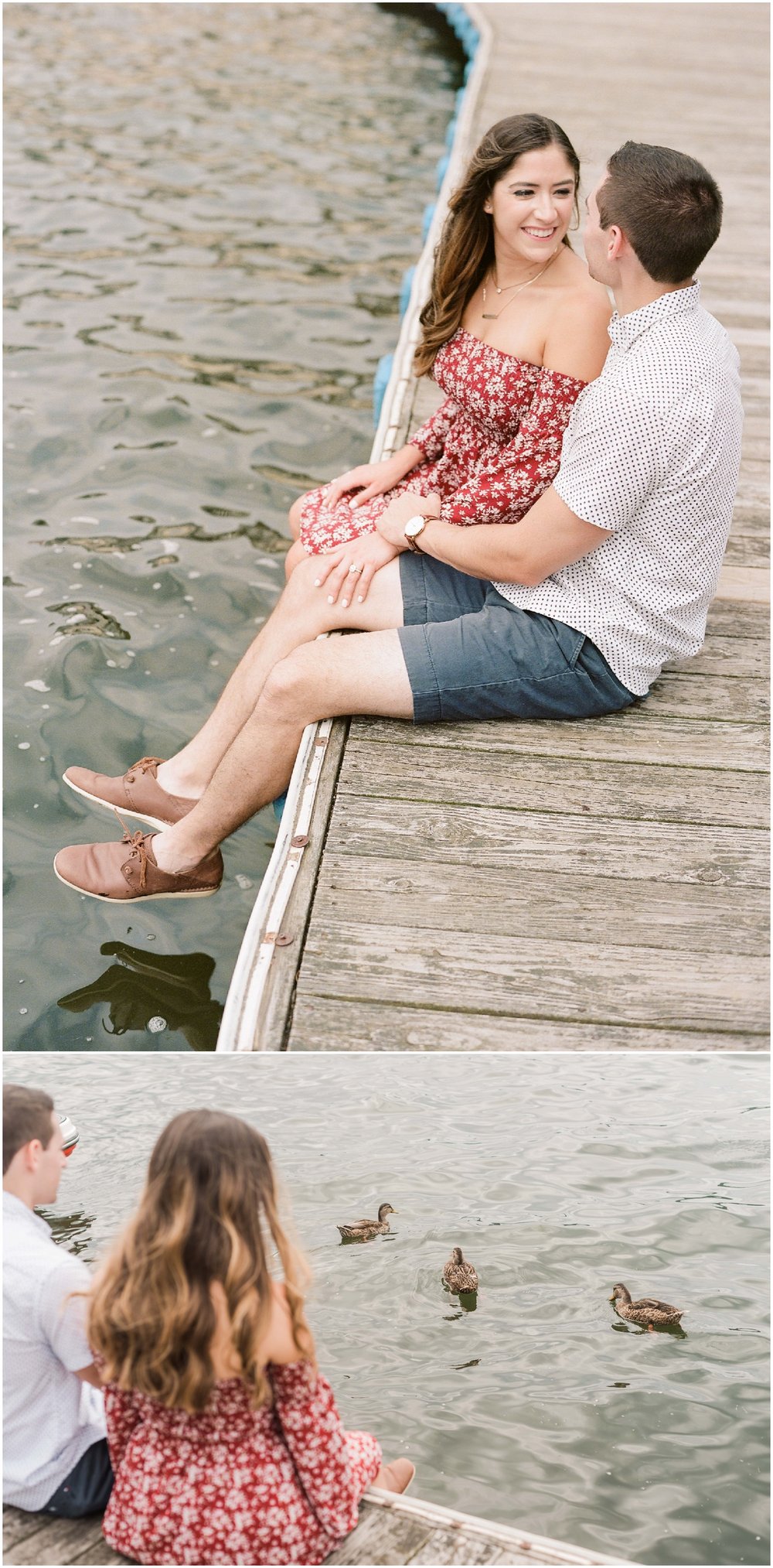 secret proposal, northern new jersey, newly engaged couple smiling and laughing, having fun on the boardwalk near the lake