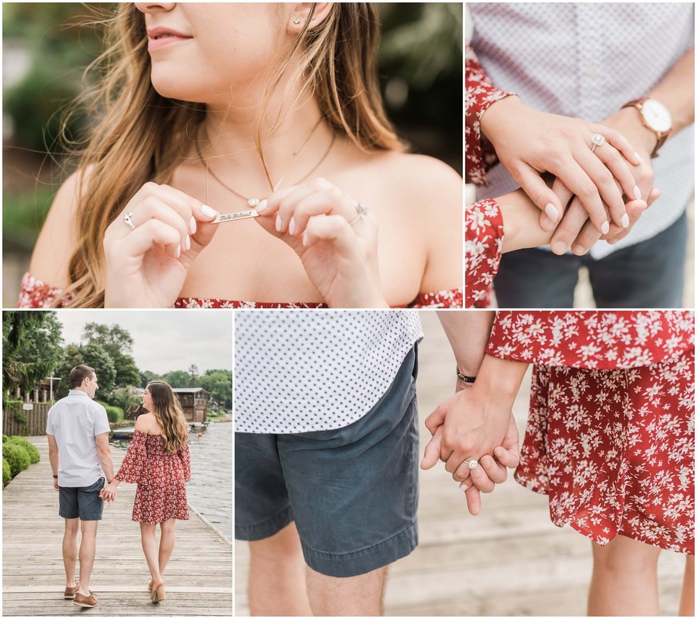 secret proposal, northern new jersey, newly engaged couple smiling and laughing, having fun on the boardwalk near the lake