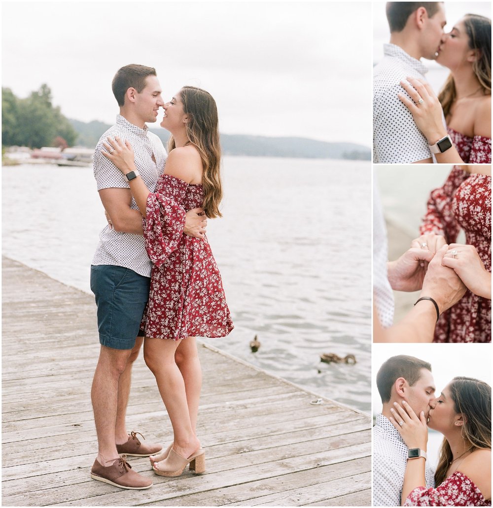 secret proposal, northern new jersey, newly engaged couple smiling and laughing, having fun on the boardwalk near the lake