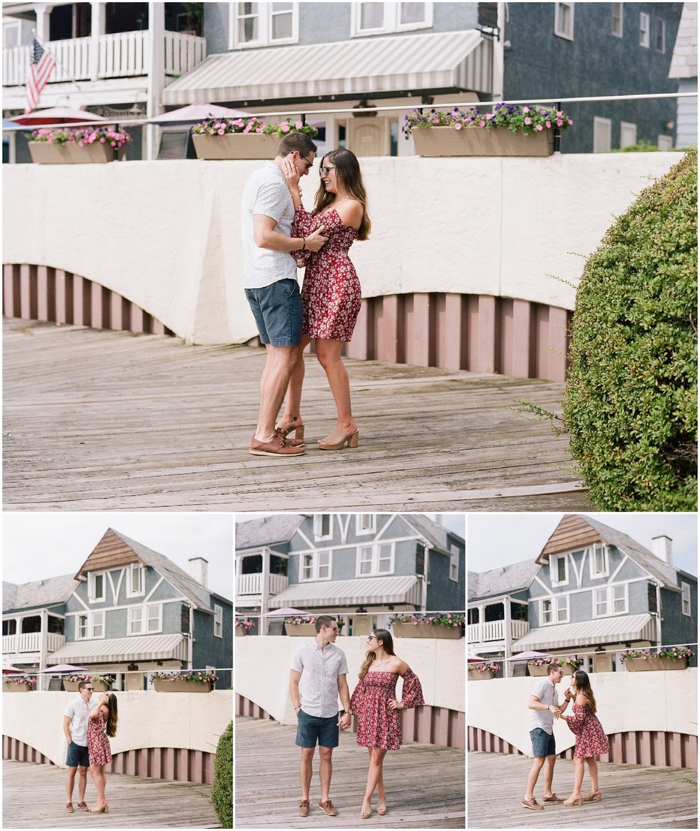 secret proposal, northern new jersey, newly engaged couple smiling and laughing, having fun on the boardwalk near the lake