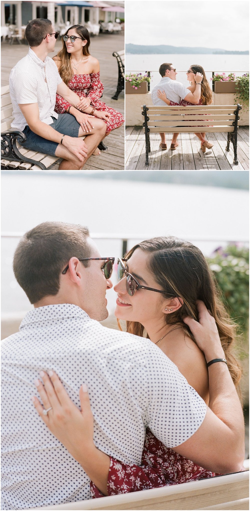 secret proposal, northern new jersey, newly engaged couple smiling and laughing, having fun on the boardwalk near the lake